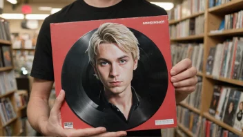 En person som holder et vinylalbum med coverkunst av en norsk musikkartist.