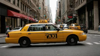 En taxi kjører ned en bygate med en lys skilt på taket