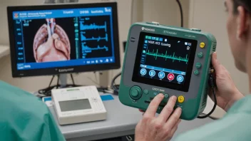 En defibrillator med skjermvisning og elektroder, brukt i en medisinsk setting for å behandle hjertestans.