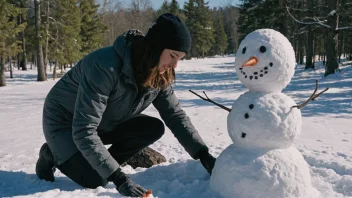 En person i vinterklær bygger en snømann med en gulrot-nese og kull-øyne.