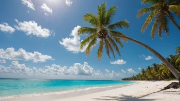 En vakker tropisk strand med krystallklart vann og svingende palmer under en lys solfylt himmel.