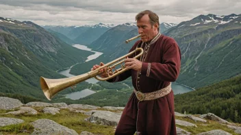 En mann i tradisjonell norsk klesdrakt spiller alpehorn i et fjellandskap.