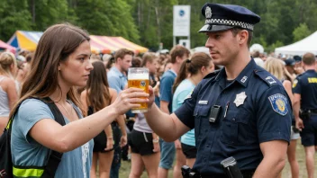 En politibetjent i Norge som sjekker ID-en til en ung voksen som holder en øl på en musikkfestival