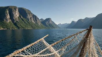 Et fiskegarn eller en fiskebåt i Norge, med en naturskjønn bakgrunn av fjorder og fjell.