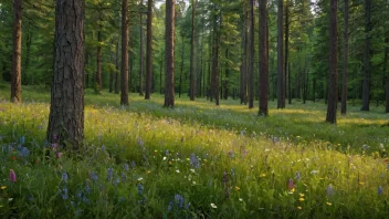 Et fredelig skogstrøk med en liten lysning, omgitt av høye trær og fylt med ville blomster.