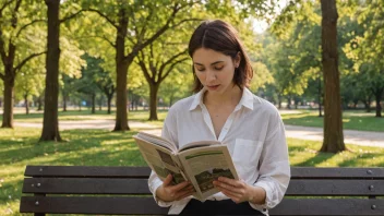 En person sitter på en benk i en park og leser en publikasjon.