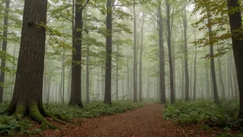 En fredelig skogscene med en tåkete atmosfære, høye trær og et teppe av løv.