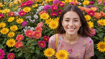 En person med et stort smil og en glad holdning, omgitt av lyse farger og blomster.