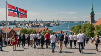 En levende byscene med mennesker fra ulike kulturer som går sammen, symboliserer innvandring og mangfold.