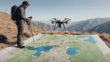 En person som gjør en terrengkartlegging med en drone, med et kart over terreng i bakgrunnen.