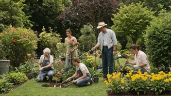 En gruppe mennesker som arbeider i en hage, med blomster, trær og hageverktøy.