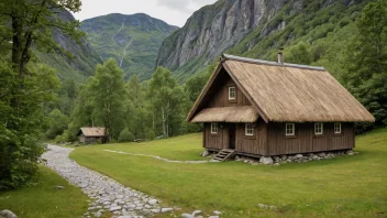 Et tradisjonelt norsk sæterhus i et fjellandskap.