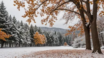 Et fredelig landskap med en blanding av høst- og vinter-elementer.