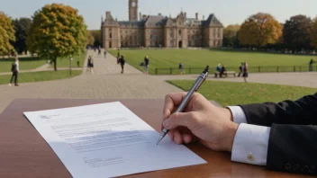 En person som signerer en kontrakt med et selskap, med et universitet eller en skole i bakgrunnen.