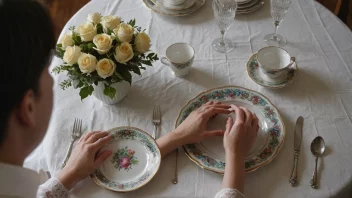 En person dekker bordet med en hvit duk, med en vakker blomsterarrangement og fint porselen i midten.