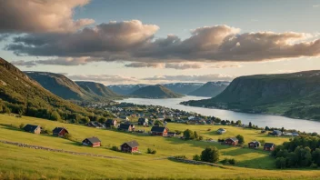 Et pittoreskt norsk landskap med en liten landsby i bakgrunnen.