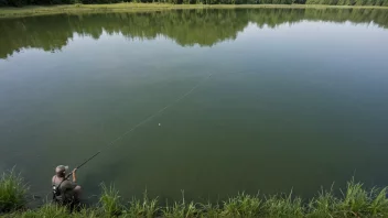 Et fredelig bilde av en person som fisker på bunnen av en innsjø eller elv med en fiskestang og snelle.