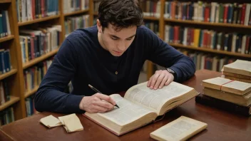 En person studerer en ordbok på biblioteket