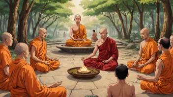 En buddhistmunk er avbildet stående foran en gruppe mennesker fra ulike kulturer og bakgrunner, med et mildt smil på ansiktet. Han holder en liten Buddha-statue i hånden, og hans kapper flyter i vinden. Menneskene i gruppen ser på ham med interesse og nysgjerrighet, og noen av dem tar notater. I bakgrunnen er det et vakkert landskap med fjell og trær.