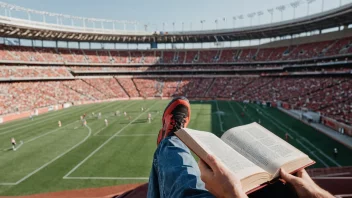 En person leser en bok om idrett, med en bakgrunn av ulike idrettsutstyr og et stadion.