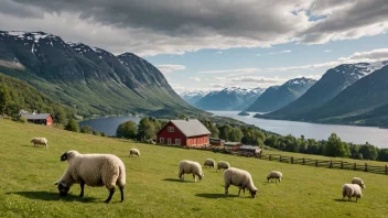 Et pittoreskt norsk fjellbruk med sauer som beiter i forgrunnen og en fjellkjede i bakgrunnen.