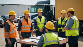 En gruppe transportarbeidere samlet rundt et bord, diskuterer og planlegger, med et stort transportkjøretøy i bakgrunnen.