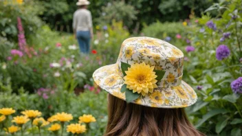 En person som bærer en gul blomstret hatt, med en hage i bakgrunnen.