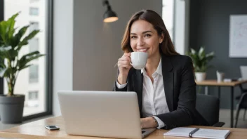 En person som sitter ved et skrivebord med en laptop og en kopp kaffe, med et avslappet og lykkelig uttrykk, i et moderne kontormiljø.