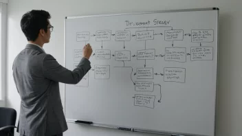 En person står foran en whiteboard med et flytdiagram, som symboliserer en utviklingsstrategi. Flytdiagrammet har flere bokser og piler, som indikerer en klar plan og retning.