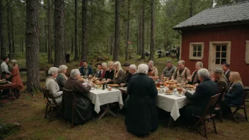 En tradisjonell norsk løvhyttefeiring med mennesker samlet rundt et bord med mat og drikke, omgitt av trær og en koselig atmosfære.