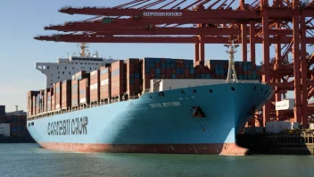 Et containerfartøy fortøyd ved en havn, med last som blir losset og transportert til et lager.