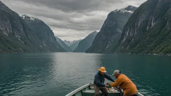 En fjordfiskearbeider i arbeid