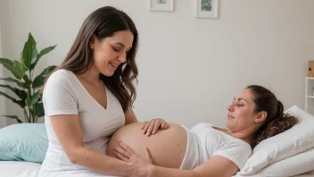 En gravid kvinne som smiler og holder på magen, med en fødselsassistent i bakgrunnen som gir støtte og omsorg