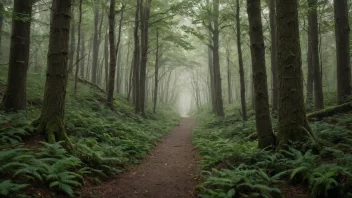 En gjemt sti i skogen, omgitt av høye trær og frodig vegetasjon.