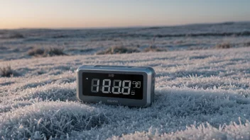 Et frostent landskap med en temperaturvisning som viser under 0°C.