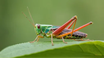 En grashoppa med fargerike farger og lange bakbein, sittende på et blad.