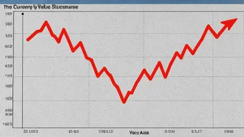 En visuell fremstilling av en valutasenkning, med en rød pil som indikerer en nedadgående trend.