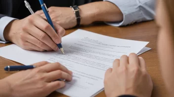 En person som signerer en kontrakt med en representant fra universitetet i bakgrunnen