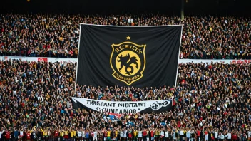 Fotballsupportere står på et stadion med et gigantisk banner