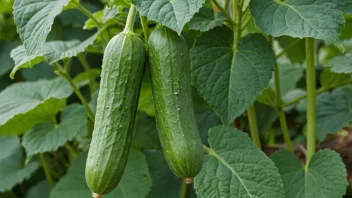 En agurkplante som vokser i en hage med grønne blader og lange, grønne agurker.