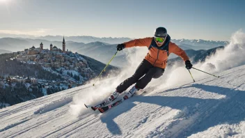 En person som kjører ned en fjellside med et bylandskap i bakgrunnen.