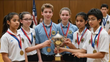 En gruppe elever som konkurrerer i en skolemesterskapsturnering, med en trofé og medaljer på display.