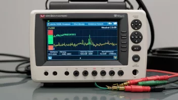 En datalogger-enhet med ulike sensorer og kabler koblet til den, med en skjerm som viser data i bakgrunnen.