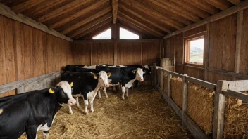 Et tradisjonelt norsk fehus med skråtak og trevegger, med kuer som spiser høy inni.