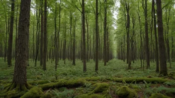 En tett skog med ulike tresorter og undervekst.