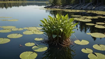 En hvannplante med sine karakteristiske blader og stengler, omgitt av vannliljer og andre vannplanter.