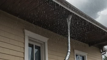 Et regnfallrør på et hus, med regn som faller fra himmelen.