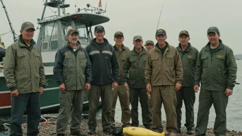 En gruppe mennesker i fiskeutstyr som står sammen, med en fiskebåt i bakgrunnen.