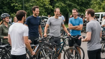 En gruppe syklister samlet sammen, smiler og prater, med syklene parkert i nærheten.