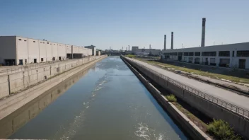 Et bilde av en stor, betongkanal med vann som flyter ut av den, omgitt av industribygninger og maskiner.